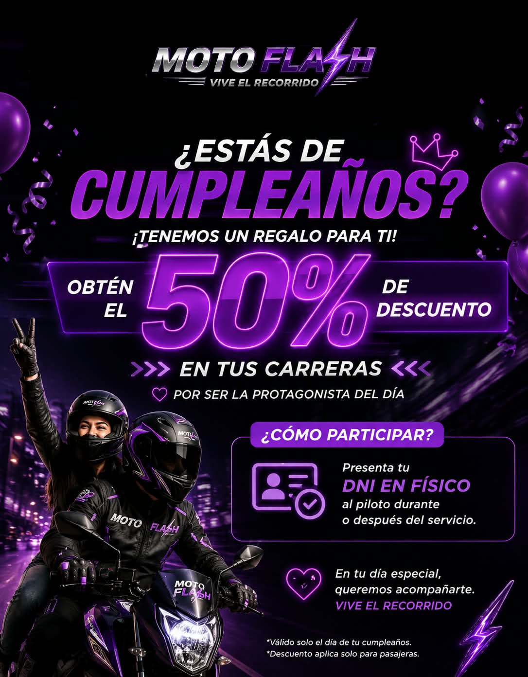 Promoción de cumpleaños MotoFlash: 50% de descuento en tus carreras