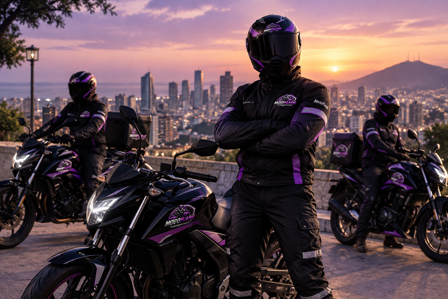 Equipo de pilotos de MotoFlash reunidos con sus motocicletas