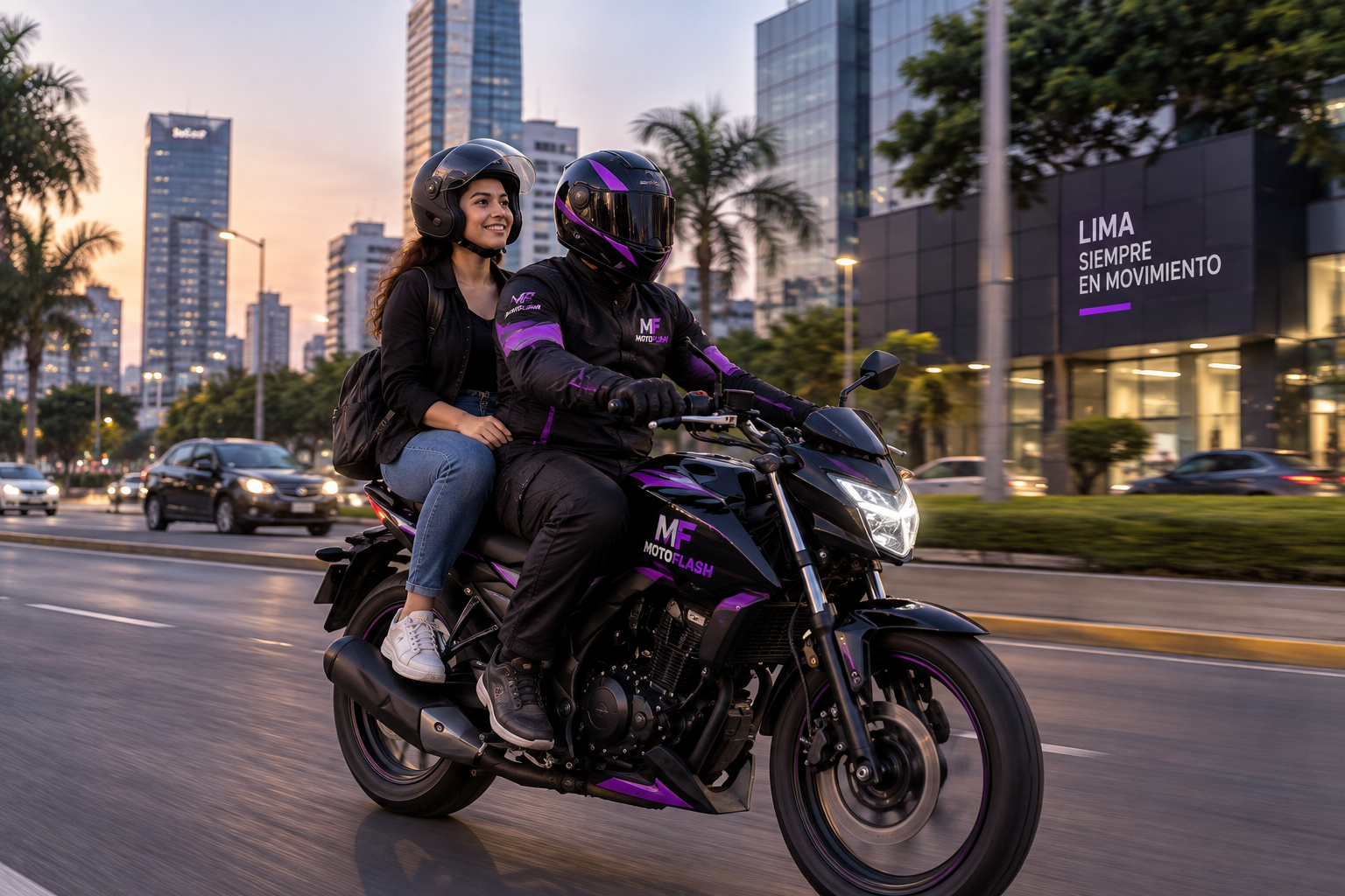 Piloto de MotoFlash trasladando a una pasajera por la ciudad de Lima
